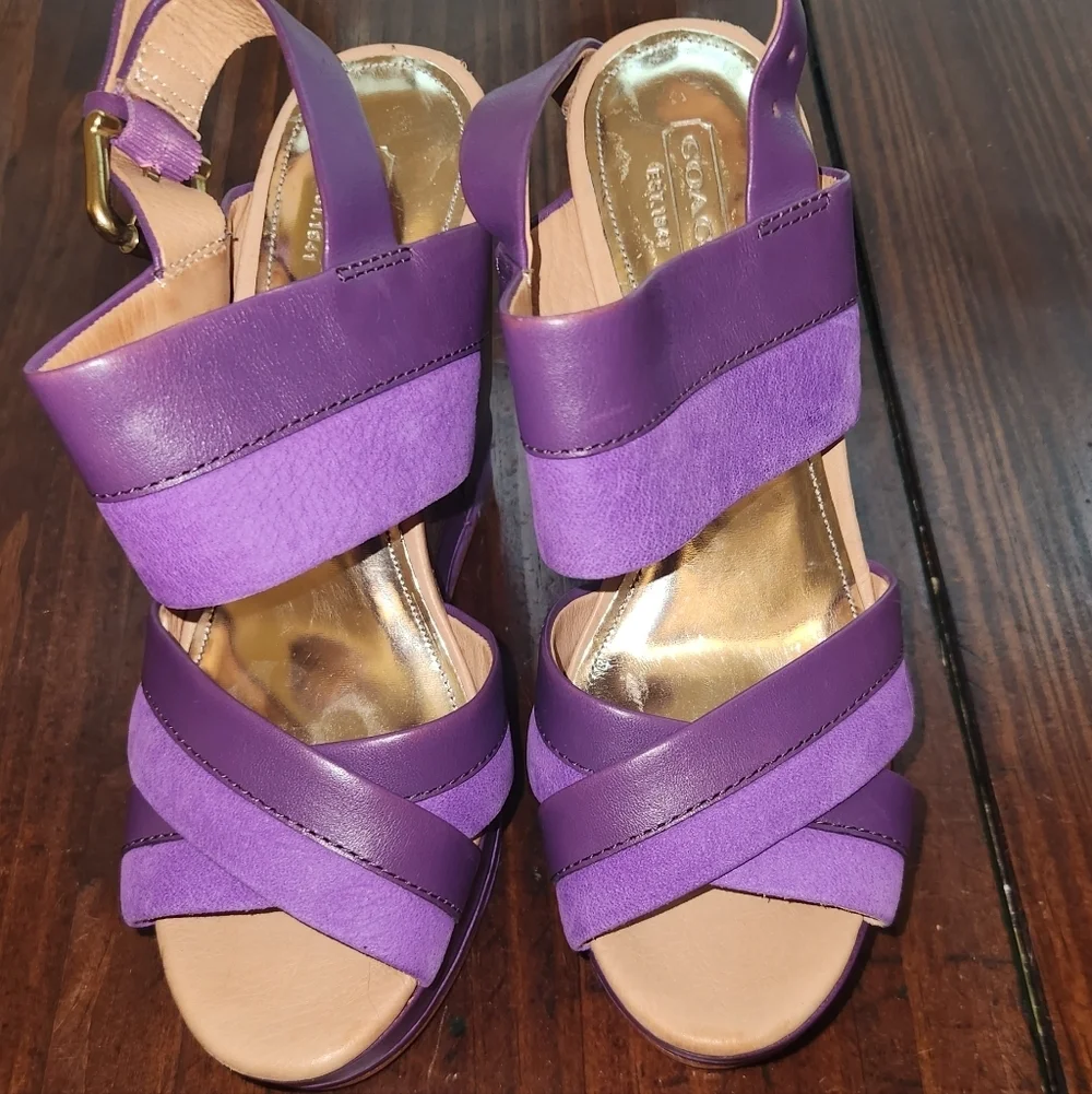 Coach Purple Suede & Leathet Wedge Heel Sandals Sz 6
